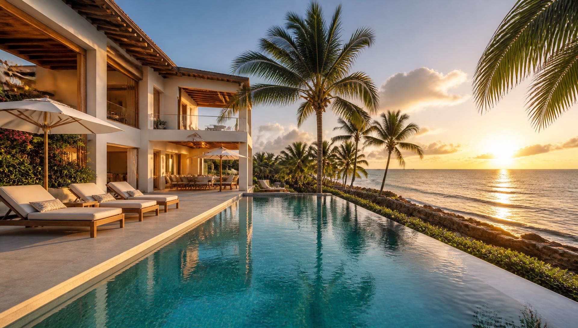 Beachfront luxury villa with infinity pool at sunset in the Dominican Republic